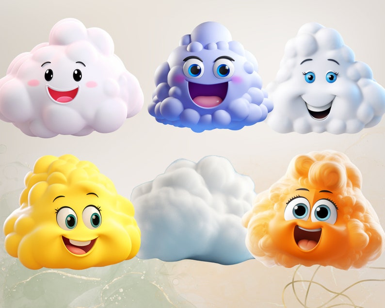May include: Six cartoon clouds with different colors and expressions. The clouds are white, blue, yellow, orange, and gray. They have happy faces with big eyes and smiles.