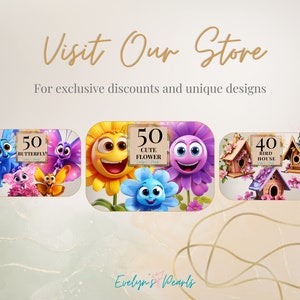 May include: A digital illustration of four different designs for embroidery patterns. The designs include a butterfly, a flower, a birdhouse, and a bird. The designs are all colourful and whimsical. The text on the images reads "50 Butterfly", "50 Cute Flower", "40 Bird House", and "Evelyn's Pearls".