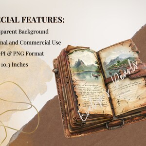 May include: An open antique leather-bound journal with aged pages and a hand-drawn illustration of a tropical island. The journal is 10.3 inches by 10.3 inches and has a transparent background.