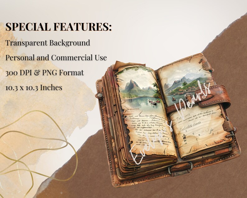 May include: An open antique leather-bound journal with aged pages and a hand-drawn illustration of a tropical island. The journal is 10.3 inches by 10.3 inches and has a transparent background.