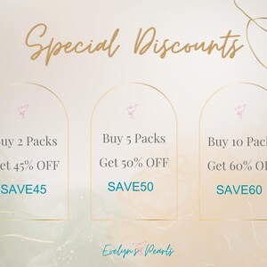 May include: A graphic with three arches, each with a different discount offer for buying multiple packs of pearls. The first arch says "Buy 2 Packs Get 45% OFF SAVE45", the second arch says "Buy 5 Packs Get 50% OFF SAVE50", and the third arch says "Buy 10 Packs Get 60% OFF SAVE60". The graphic is on a light pink background with a gold outline.