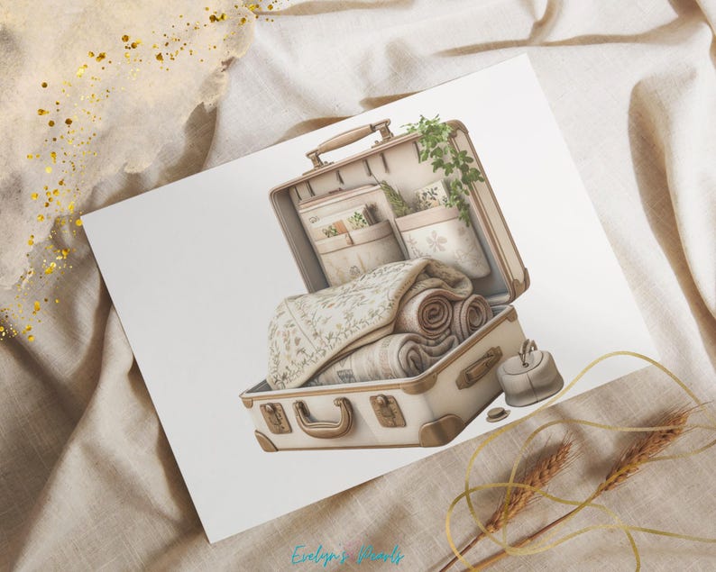 May include: A vintage-style suitcase with a cream and brown color scheme. The suitcase is open and filled with rolled towels and fabric. The suitcase has a brass handle and a brass latch.