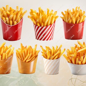 K&ouml;nnte beinhalten: Acht Papierbeh&auml;lter gef&uuml;llt mit goldenen Pommes Frites. Die Beh&auml;lter sind in verschiedenen Farben und Mustern, darunter Rot, Wei&szlig; und Braun.