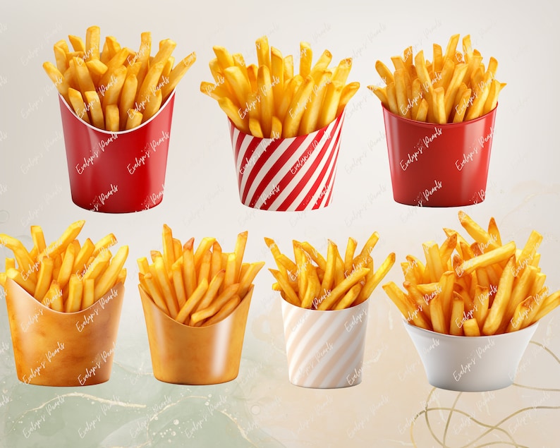 K&ouml;nnte beinhalten: Acht Papierbeh&auml;lter gef&uuml;llt mit goldenen Pommes Frites. Die Beh&auml;lter sind in verschiedenen Farben und Mustern, darunter Rot, Wei&szlig; und Braun.