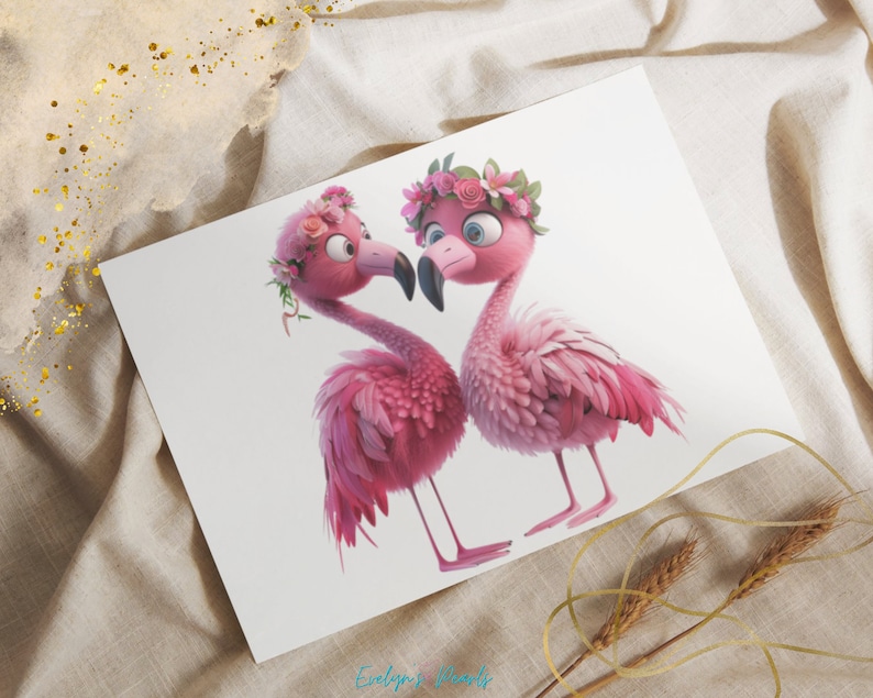 May include: Two pink flamingos with flower crowns are looking at each other. The flamingo on the left has a pink flower crown with green leaves. The flamingo on the right has a pink flower crown with white flowers. The flamingos are on a white background.