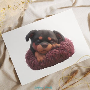 May include: A black and tan Rottweiler puppy is sleeping in a pink fluffy bed. The puppy is curled up in the bed with its eyes closed.