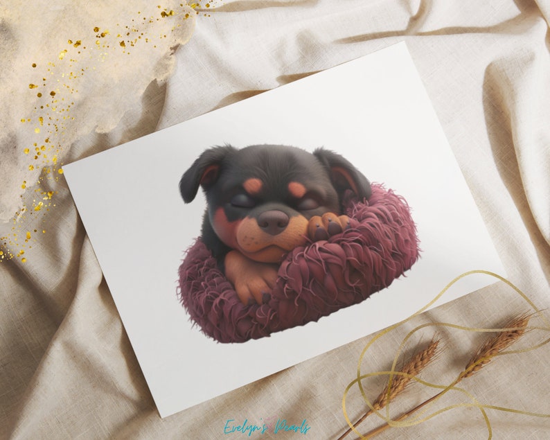 May include: A black and tan Rottweiler puppy is sleeping in a pink fluffy bed. The puppy is curled up in the bed with its eyes closed.