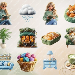 Whimsical reading and rainy-day scenes including girls with umbrellas, foxes and cats curled in blankets, loaves of bread, a book café, and cozy furniture and plants.