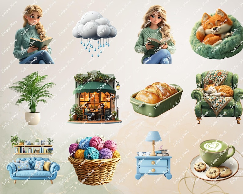 Whimsical reading and rainy-day scenes including girls with umbrellas, foxes and cats curled in blankets, loaves of bread, a book café, and cozy furniture and plants.