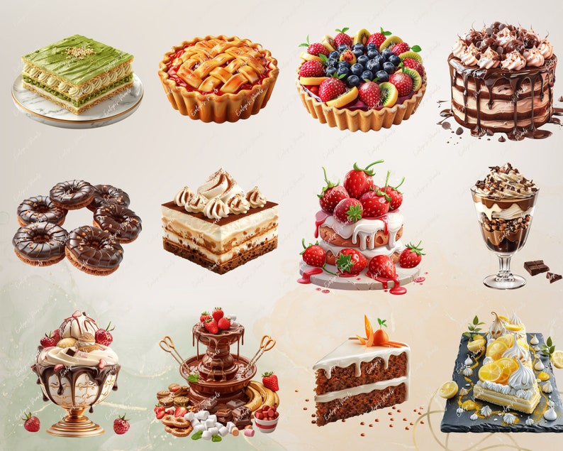 May include: Assortment of sweet treats including a chocolate cake, fruit tart, donuts, a chocolate fountain, a tiramisu, a strawberry cake, a green tea cake, a lemon meringue pie, and a chocolate mousse dessert.