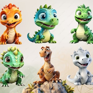 May include: Five cartoon dinosaurs in various poses. The dinosaurs are orange, blue, green, and gray. They have large eyes and are smiling.