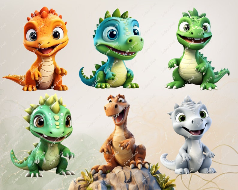 May include: Five cartoon dinosaurs in various poses. The dinosaurs are orange, blue, green, and gray. They have large eyes and are smiling.