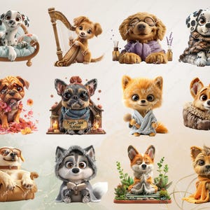 May include: A digital collage of ten adorable cartoon puppies in various poses. The puppies are wearing clothes and accessories, such as a robe, a scarf, and a hat. The collage is set against a white background.