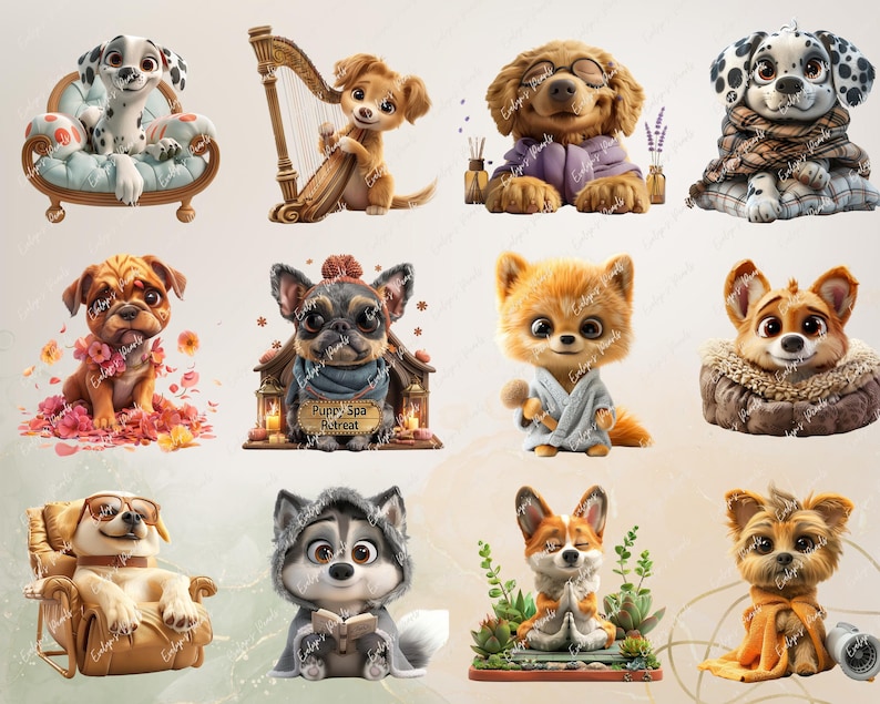 May include: A digital collage of ten adorable cartoon puppies in various poses. The puppies are wearing clothes and accessories, such as a robe, a scarf, and a hat. The collage is set against a white background.
