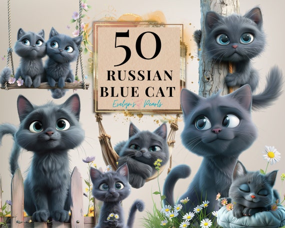 Cat Clipart Russian Blue Cat Clipart Cat Lovers PNG Cartoon Cat Clipart Cute Animal PNG Playing Cat PNG| Commercial Use Clipart Transparent