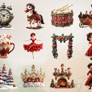 "Nutcracker holiday illustrations featuring a clock, festive horse, drum, sleigh, hot cocoa, ballerina, decorated arch, royal crown, snow-covered trees, fireplace, and characters in red attire."
