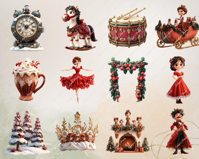 "Nutcracker holiday illustrations featuring a clock, festive horse, drum, sleigh, hot cocoa, ballerina, decorated arch, royal crown, snow-covered trees, fireplace, and characters in red attire."