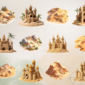 Puede incluir: Diez dise&ntilde;os de castillos de arena con diferentes estilos y tama&ntilde;os. Cada castillo de arena est&aacute; construido en un peque&ntilde;o parche de arena, algunos con rocas y palmeras.