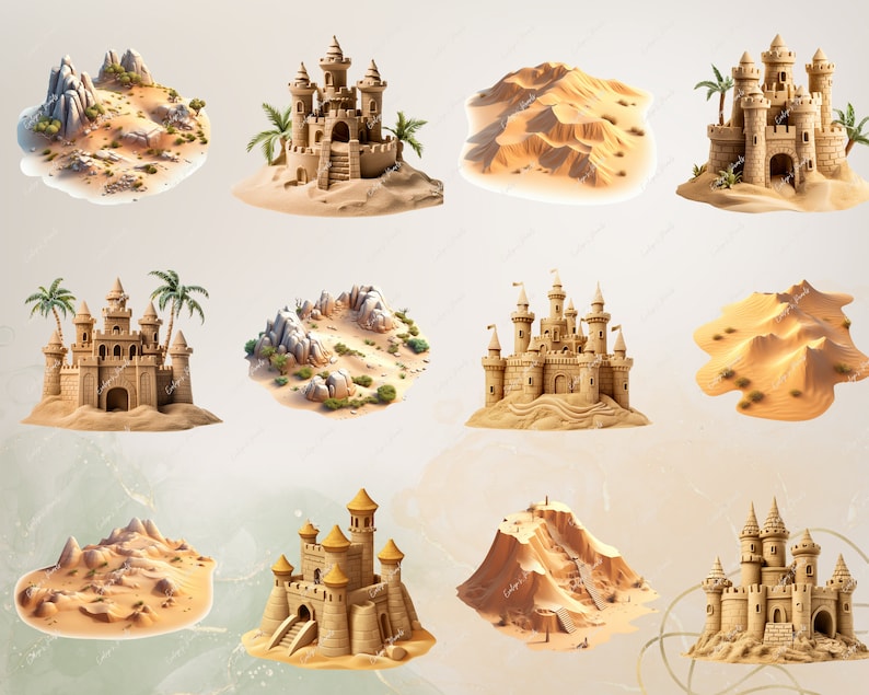Puede incluir: Diez dise&ntilde;os de castillos de arena con diferentes estilos y tama&ntilde;os. Cada castillo de arena est&aacute; construido en un peque&ntilde;o parche de arena, algunos con rocas y palmeras.