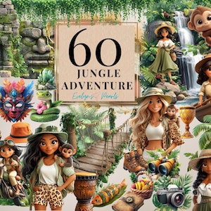 Jungle avontuur clipart tropische ontdekkingsreiziger kinderen png jungledieren, oude ruïnes, waterval, reizen scrapbooking | Clipart voor commercieel gebruik
