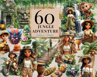 Jungle Adventure Clipart Tropical Explorer Kids PNG Jungle Animals, Ancient Ruins, Waterfall, Travel Scrapbooking | Commercial Use Clipart