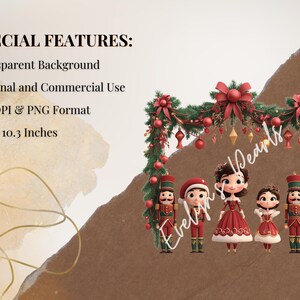 "Nutcracker characters under a festive holiday garland, featuring soldiers, dancers, and seasonal decorations. Transparent background, 300 DPI, 10.3 x 10.3 inches."