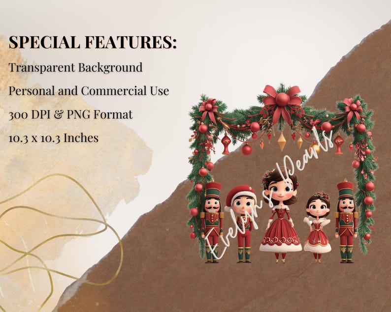 "Nutcracker characters under a festive holiday garland, featuring soldiers, dancers, and seasonal decorations. Transparent background, 300 DPI, 10.3 x 10.3 inches."