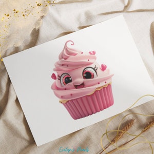 May include: A pink cupcake with a smiling face and pink frosting. The cupcake has pink hearts on the frosting and around the base.