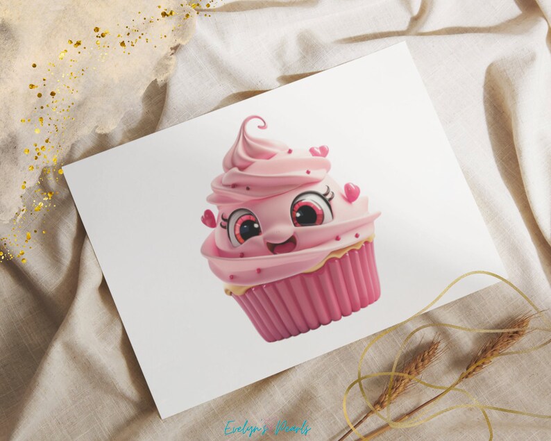 May include: A pink cupcake with a smiling face and pink frosting. The cupcake has pink hearts on the frosting and around the base.