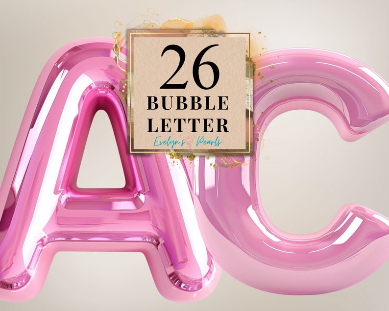 Op de afbeelding: Roze bubbelletters A en C, met een bruin label met de tekst "26 Bubble Letter Evelyn's Pearls".