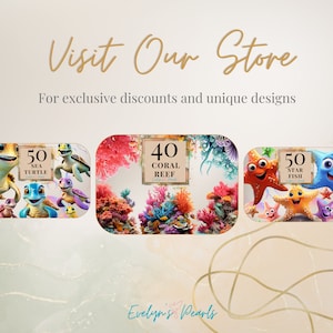 May include: A collage of four images featuring colorful cartoon sea creatures. The images include a group of sea turtles, a coral reef, a group of starfish, and a blue fish. The images are labeled with the text "50 Sea Turtle", "40 Coral Reef", "50 Star Fish", and "Evelyn's Pearls".