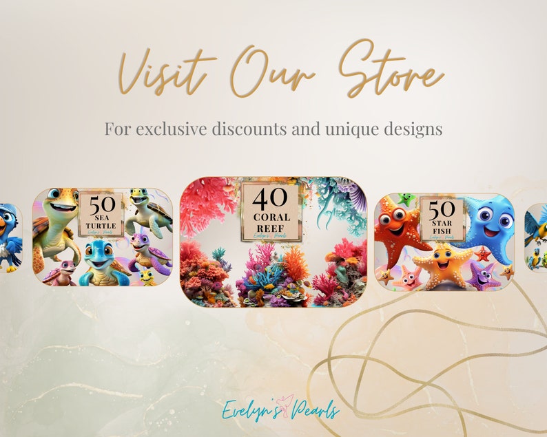 May include: A collage of four images featuring colorful cartoon sea creatures. The images include a group of sea turtles, a coral reef, a group of starfish, and a blue fish. The images are labeled with the text "50 Sea Turtle", "40 Coral Reef", "50 Star Fish", and "Evelyn's Pearls".