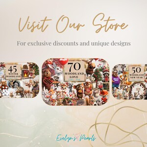 Image 9: "A promotional banner featuring Evelyn’s Designs' exclusive digital packs, including winter woodland, woodland love, and woodland new year themes."