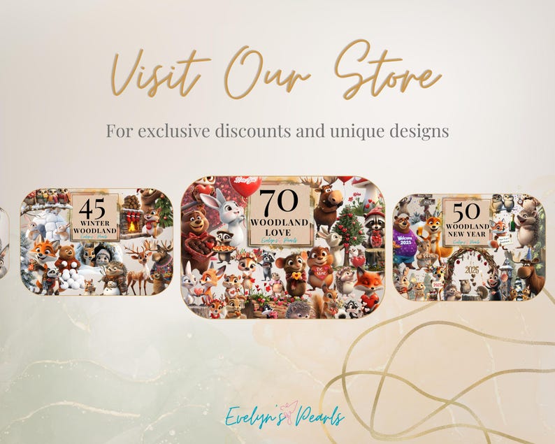 Image 9: "A promotional banner featuring Evelyn’s Designs' exclusive digital packs, including winter woodland, woodland love, and woodland new year themes."