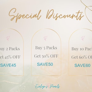 Alt Text 8:
A pastel graphic with gold accents lists special discounts: Buy 2 Packs Save 45%, Buy 5 Packs Save 50%, and Buy 10 Packs Save 60%. Each deal is shown inside an arched box with decorative elements.
