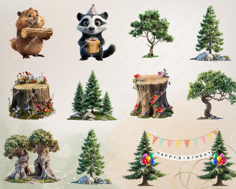 Image 7: "Detailed illustrations of woodland trees, stumps, and decorated banners with vibrant birthday elements like flowers, balloons, and party decorations."