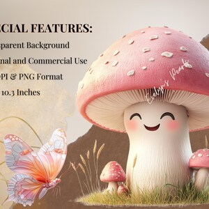 K&ouml;nnte beinhalten: Eine digitale Illustration eines rosa Pilzes mit einem l&auml;chelnden Gesicht. Der Pilz ist von gr&uuml;nem Gras und einem rosa Schmetterling umgeben. Der Text "Evelyn's Pearls" ist auf dem Pilz geschrieben.
