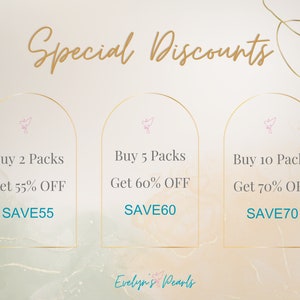 May include: A graphic with three arched sections, each with a different discount offer for buying multiple packs of pearls. The first section says "Buy 2 Packs Get 55% OFF SAVE55", the second section says "Buy 5 Packs Get 60% OFF SAVE60", and the third section says "Buy 10 Packs Get 70% OFF SAVE70". The graphic is on a light beige background with gold accents.
