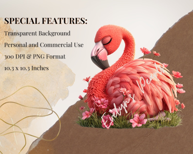 May include: A pink flamingo with its eyes closed, surrounded by pink flowers, against a brown background. The image is 10.3 inches by 10.3 inches.
