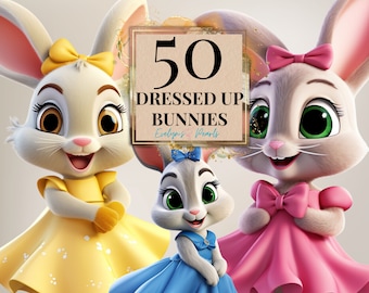 May include: 50 Dressed Up Bunnies by Evelyns Pearls. Three cartoon bunnies wearing dresses. One bunny is white with a yellow dress, one is gray with a pink dress, and one is gray with a blue dress.