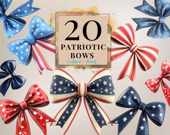 Patriotic Bow Clipart, Red White and Blue Stars and Stripes Ribbons, 4th of July Bow Clip Art, Festive USA Bow Graphics, High Quality PNG