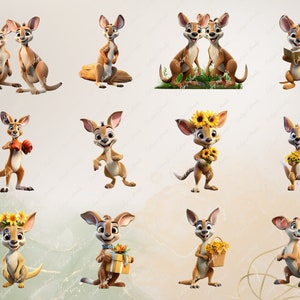 Pode incluir: Uma cole&ccedil;&atilde;o de 10 ilustra&ccedil;&otilde;es de cangurus de desenho animado. Os cangurus s&atilde;o retratados em v&aacute;rias poses, incluindo segurando flores, luvas de boxe e presentes. Alguns cangurus usam coroas de flores. As ilustra&ccedil;&otilde;es s&atilde;o coloridas e caprichosas.