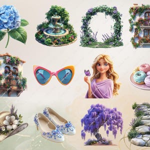 Charming details like a hydrangea plant, a garden fountain, floral-patterned shoes, and a picturesque balcony adorned with cascading flowers.
