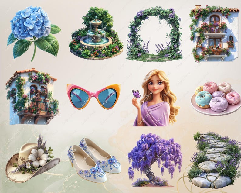 Charming details like a hydrangea plant, a garden fountain, floral-patterned shoes, and a picturesque balcony adorned with cascading flowers.