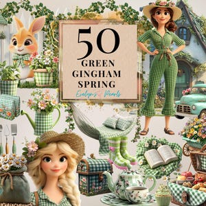 Vichy vert printemps clipart fille de printemps PNG campagne, chalet, jardin, fleurs de printemps, scrapbooking | Clipart à usage commercial transparent