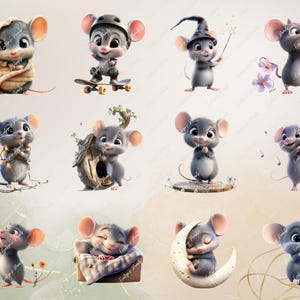 May include: A set of ten digital illustrations featuring cute cartoon mice in various poses and settings. The mice are depicted in a variety of activities, including skateboarding, playing music, sleeping, and shopping. The illustrations are in a cartoon style and feature bright colors.