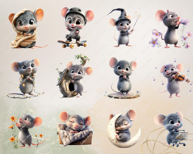 May include: A set of ten digital illustrations featuring cute cartoon mice in various poses and settings. The mice are depicted in a variety of activities, including skateboarding, playing music, sleeping, and shopping. The illustrations are in a cartoon style and feature bright colors.