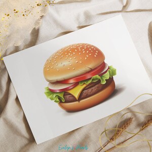 K&ouml;nnte beinhalten: Nahaufnahme eines Cheeseburgers mit Salat, Tomate und einem Sesambr&ouml;tchen.