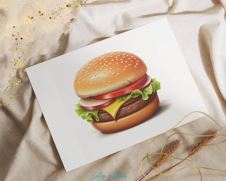 K&ouml;nnte beinhalten: Nahaufnahme eines Cheeseburgers mit Salat, Tomate und einem Sesambr&ouml;tchen.