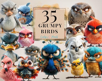 May include: A collection of 35 grumpy bird illustrations. The birds are all different colors and have different expressions on their faces. The text "35 Grumpy Birds" is written in a gold font on a white background.